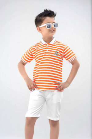 Boys' Orange-White Striped Polo & Shorts