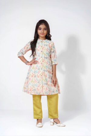 Zoya-Mmoya Girls Multicolor Floral Printed Kurti with Lime Green Pants