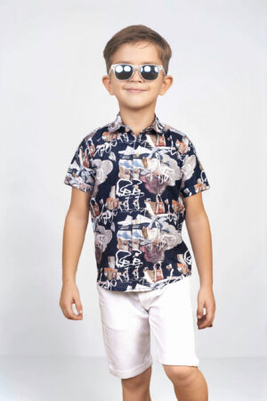 Navy Printed Shirt & White Shorts Set