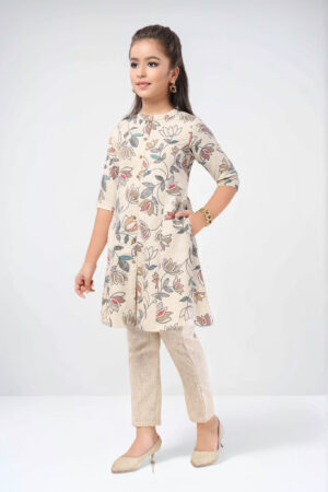 Zoya-Mmoya Girls Beige Floral Kurti & Pant Set
