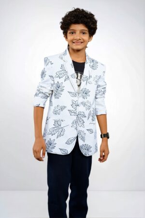 Boys White Printed Blazer with Leaf Design