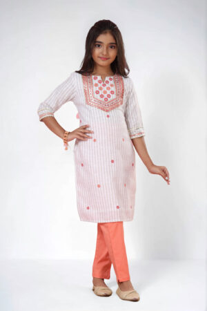 Zoya-Mmoya Girls Pastel Floral Kurti & Mustard Pant Set
