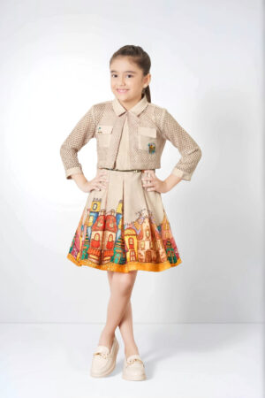 Tiny Baby Girls' Beige Shirt Dress with Artistic Printed Flared Skirt – Full Sleeve Party Wear
