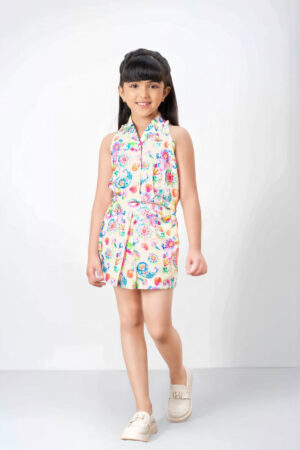 Tiny Baby Girls’ Sleeveless Printed Shirt Dress – Peach Base with Vibrant Paisley & Floral Motifs