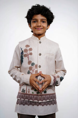 Boys Cream Ethnic Jacket Set with Peacock Motif