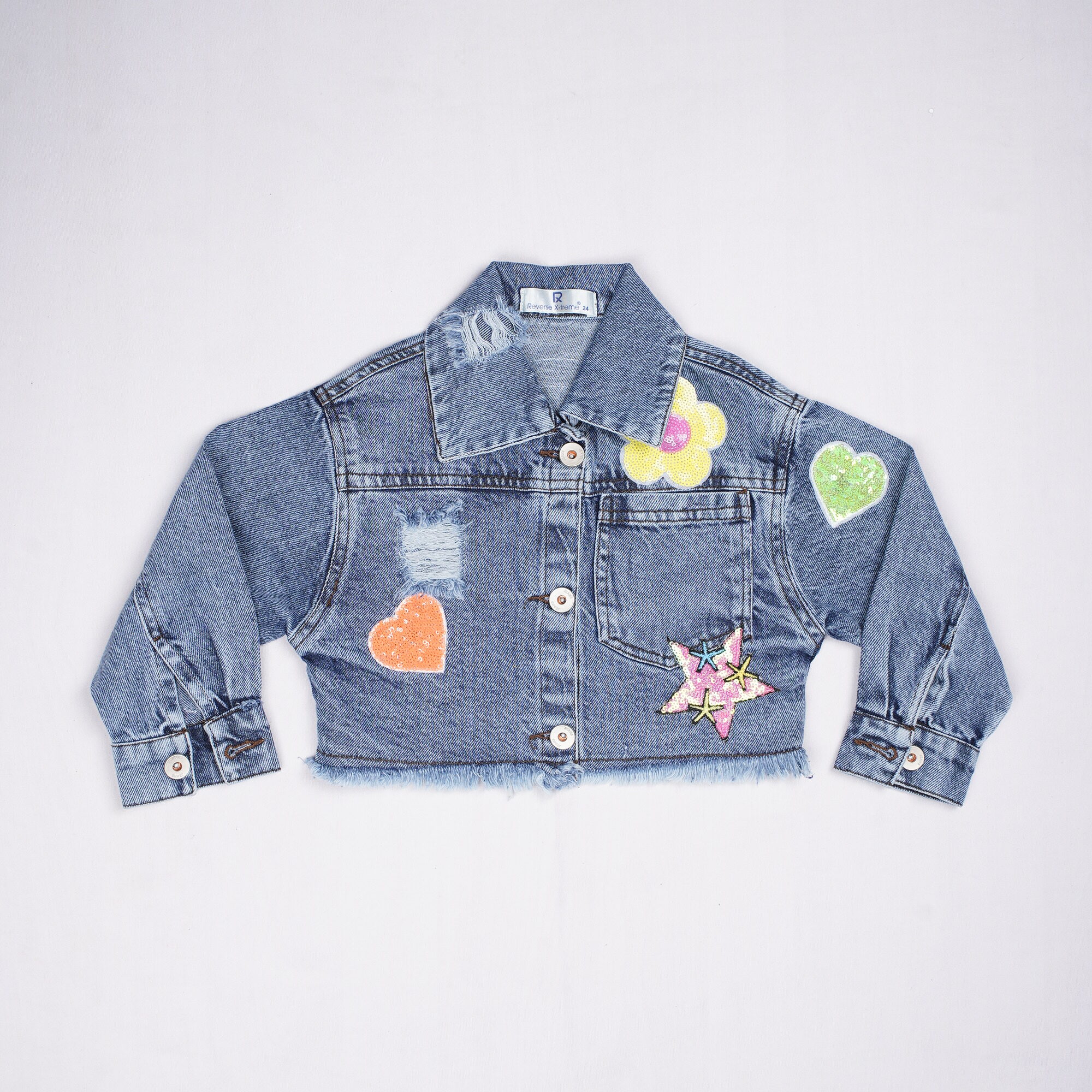 Girls Ice Blue Denim Jacket with Sequin Patches