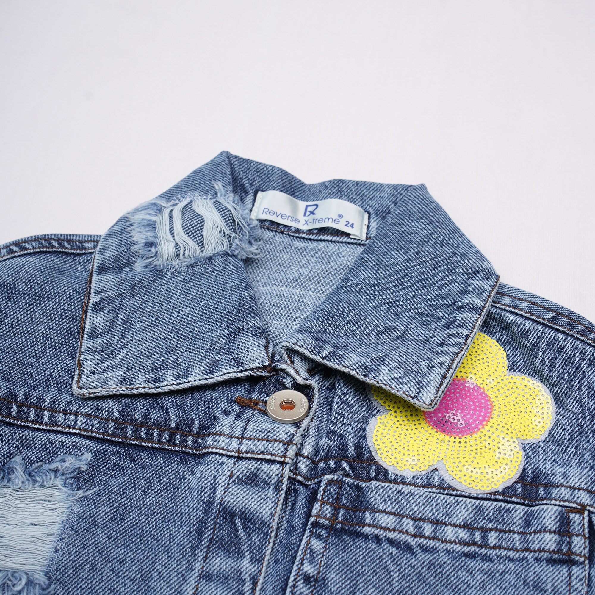 Girls Ice Blue Denim Jacket with Sequin Patches