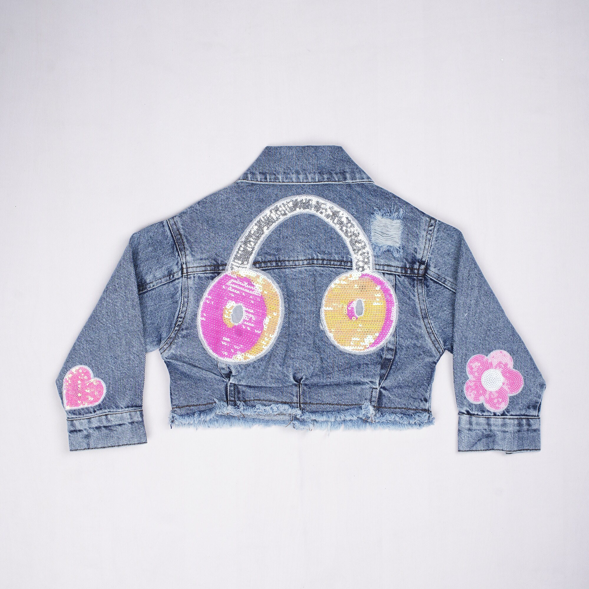 Girls Ice Blue Denim Jacket with Sequin Patches