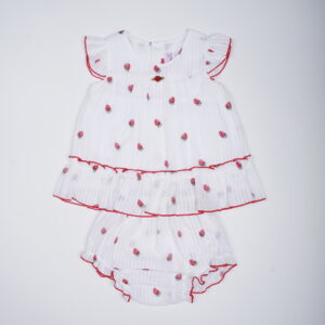 Strawberry Print Girls Dress Set – White & Red