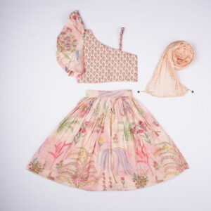 Peach Floral Printed Kids Choli Set