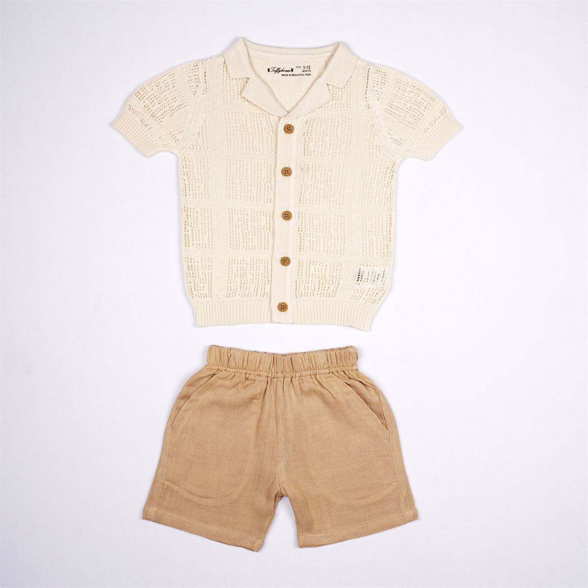 Toffyhouse Cream Open-Knit Shirt and Beige Shorts Set