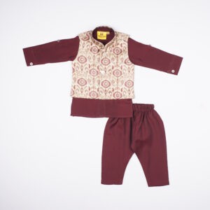 Arkion Maroon Kurta Pyjama Set with Printed Nehru Jacket
