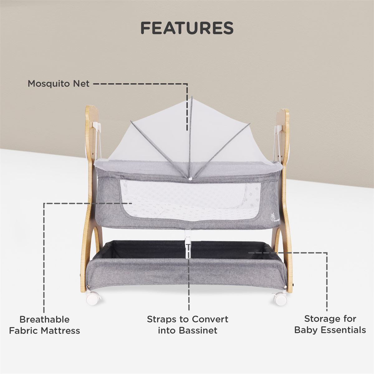 R for Rabbit Wooden Finish Baby Cradle & Bassinet